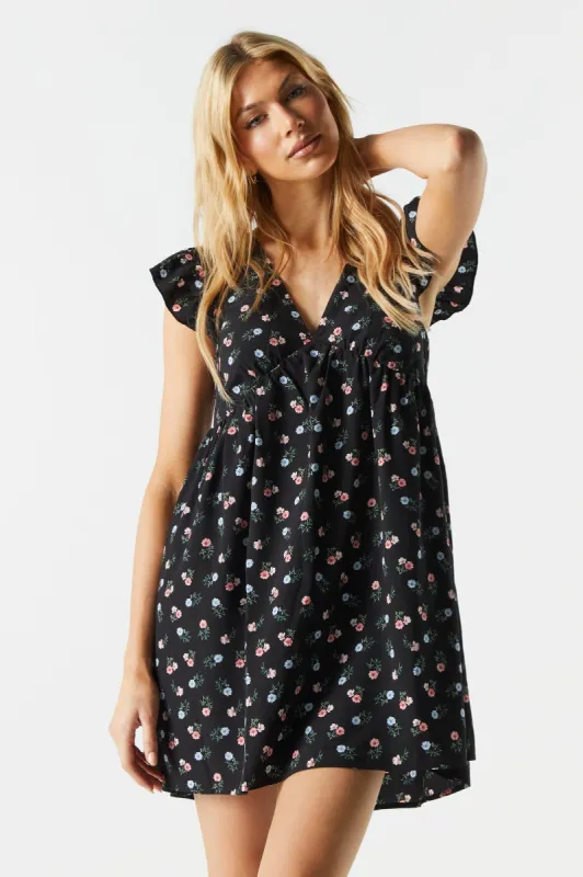 Black Floral V-Neck Babydoll Dress sold by Urban Planet
