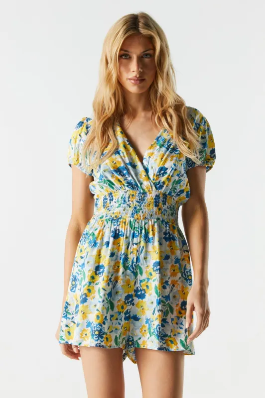 Blue and Yellow Floral Surplice Smocked Romper sold by Urban Planet