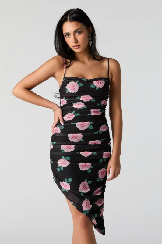 Black Floral Mesh Asymmetrical Midi Dress sold by Urban Planet