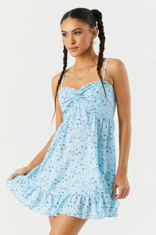 Blue Floral Front Twist Babydoll Dress sold by Urban Planet