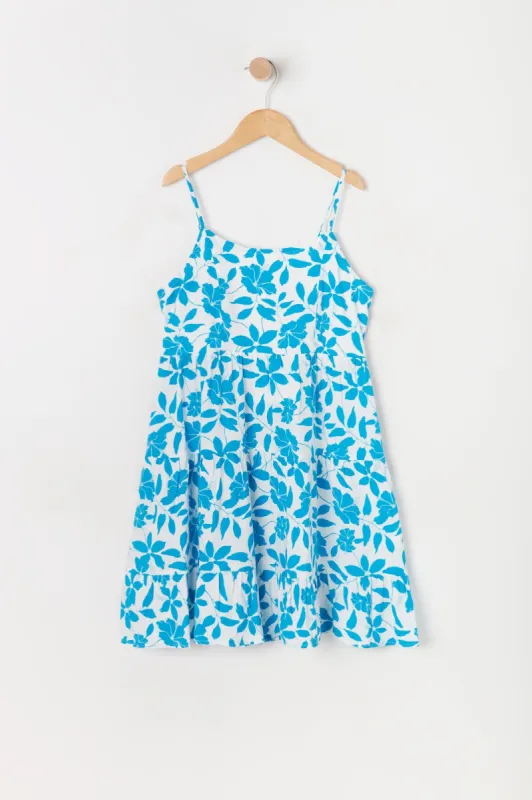 Girls Blue Floral Tiered Dress sold by Urban Planet