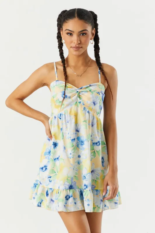 Blue and Yellow Floral Front Twist Babydoll Dress sold by Urban Planet