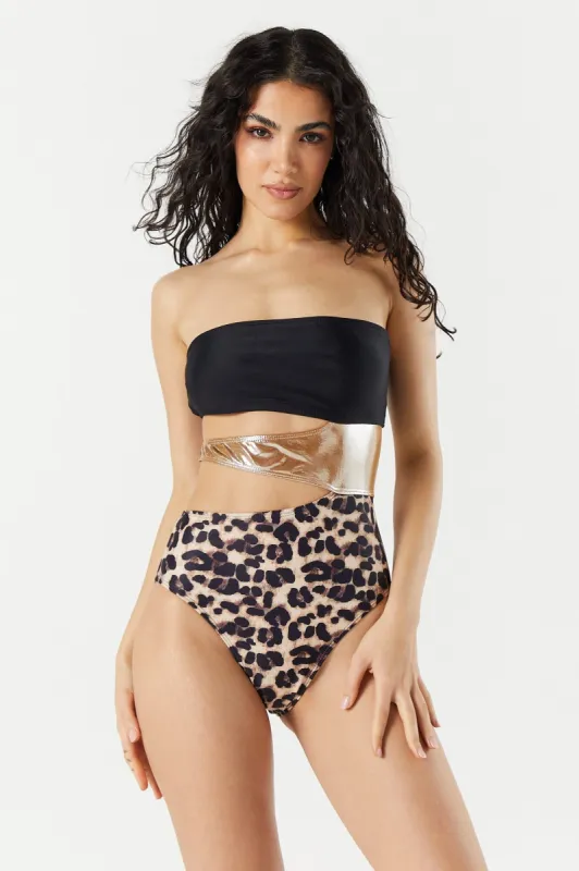 Cheetah Print Metallic Cut-Out One Piece Swimsuit sold by Urban Planet
