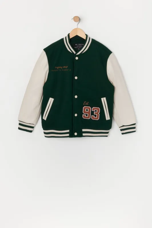 Boys 93 Faux Leather Varsity Jacket sold by Urban Planet