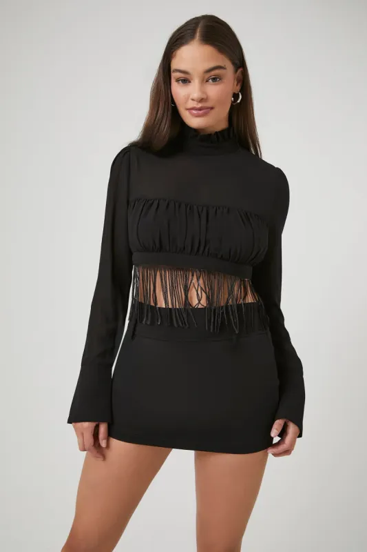 Chiffon Fringe Mock Neck Crop Top sold by Urban Planet