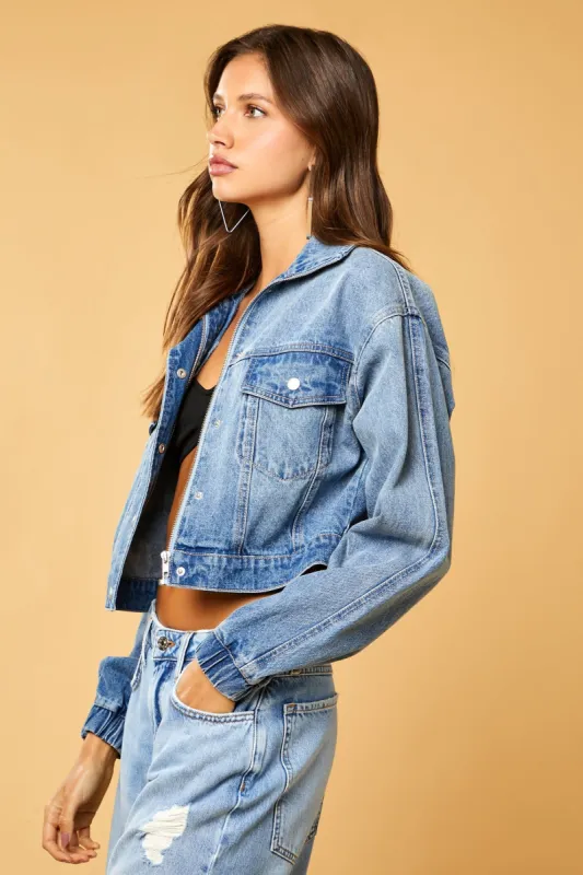 GANNI Black Washed Denim Cropped Trucker Jacket - Sharkskin