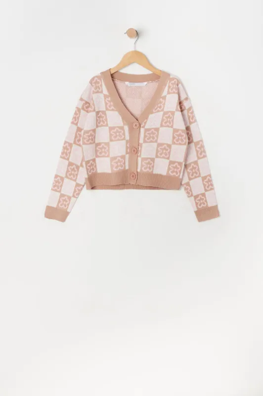 Girls Checkered Print Jacquard-Knit Button-Up Cardigan sold by Urban Planet