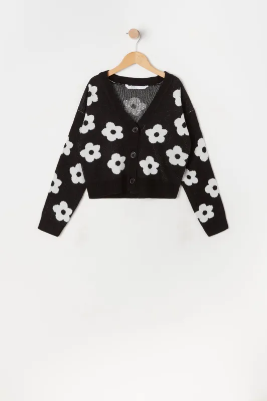 Girls Daisy Print Jacquard-Knit Button-Up Cardigan sold by Urban Planet