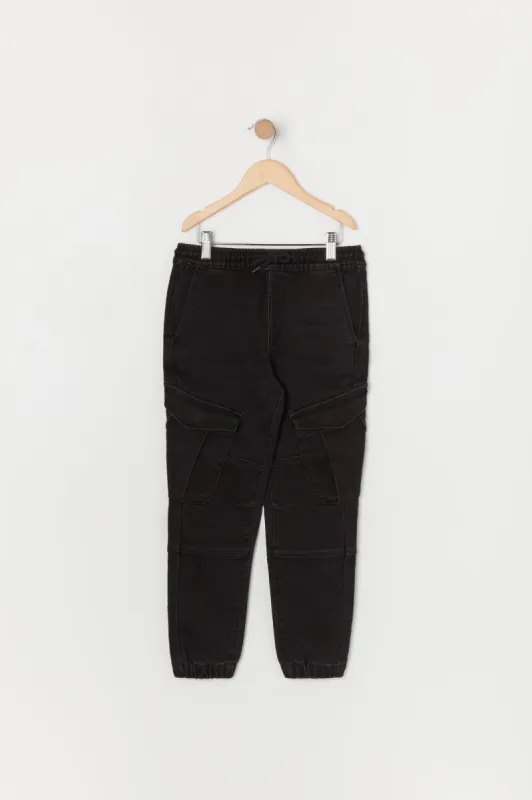Boys Black Wash Denim Cargo Jogger sold by Urban Planet