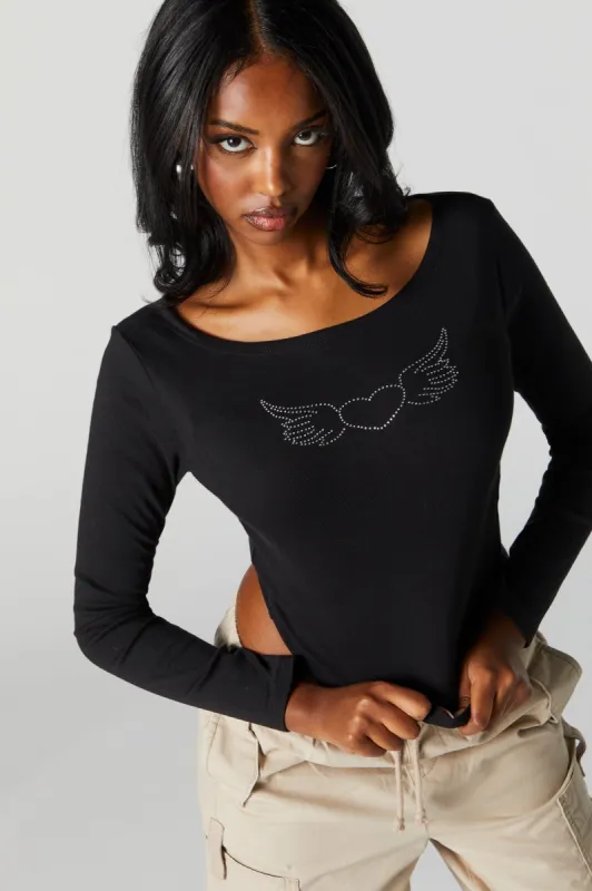 Rhinestone Winged Heart Long Sleeve Top sold by Urban Planet