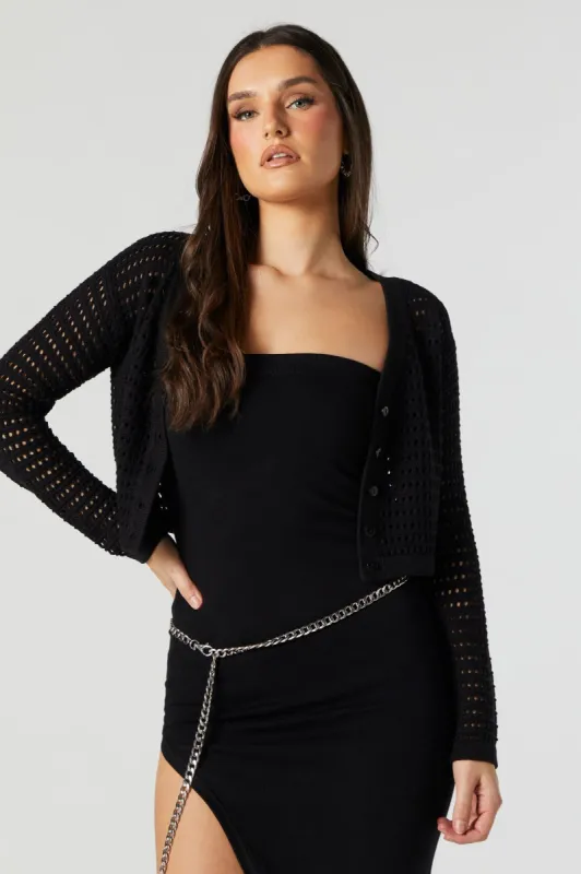 Open Knit Button-Up Cardigan sold by Urban Planet