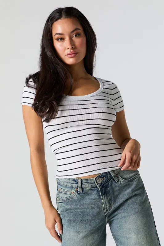 Striped Ribbed Scoop Neck T-Shirt sold by Urban Planet