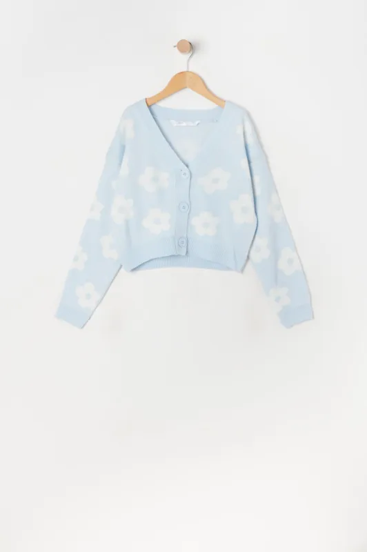 Cardigan boutonné en tricot jacquard avec imprimé Marguerite bleue pour fille sold by Urban Planet