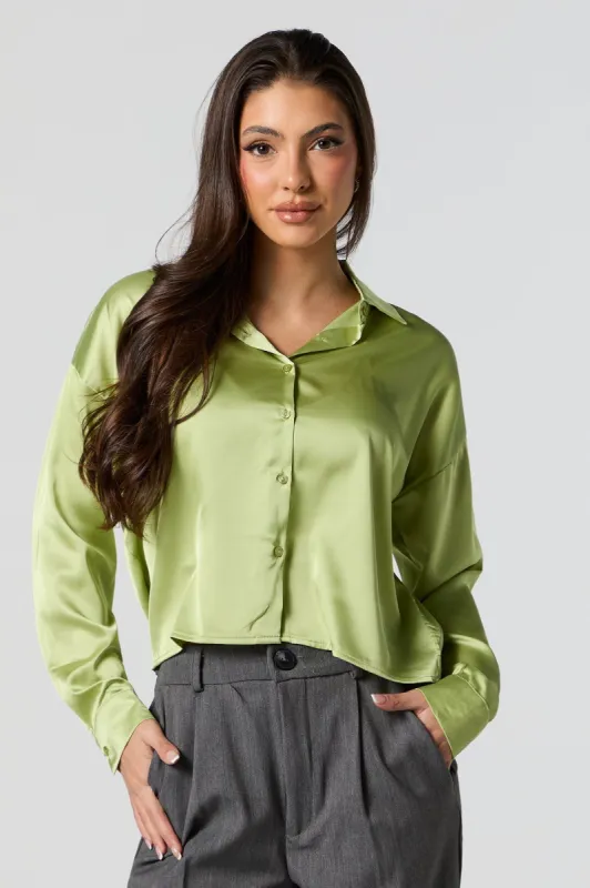 Satin Button-Up Crop Top sold by Urban Planet