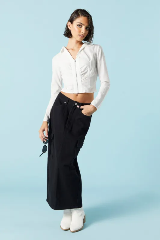 Black Wash Denim Cargo Maxi Skirt sold by Urban Planet