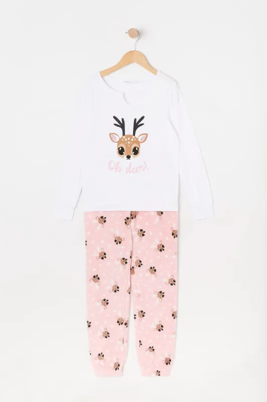 Girls Deer Graphic 2-Piece Plush Pajama Set sold by Urban Planet