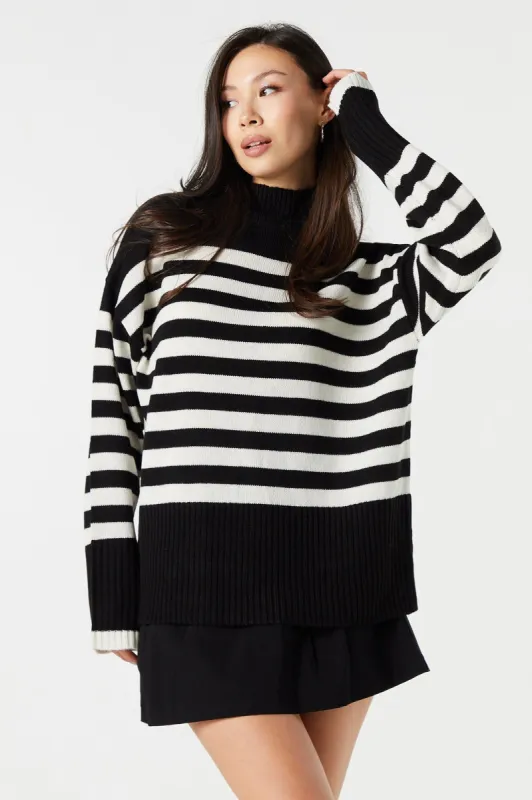 Striped Oversized Ribbed Knit Mock Neck Sweater sold by Urban Planet