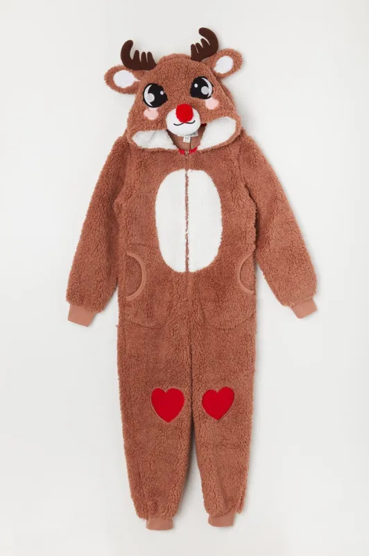 Girls 3D Plush Rudolph Onesie sold by Urban Planet