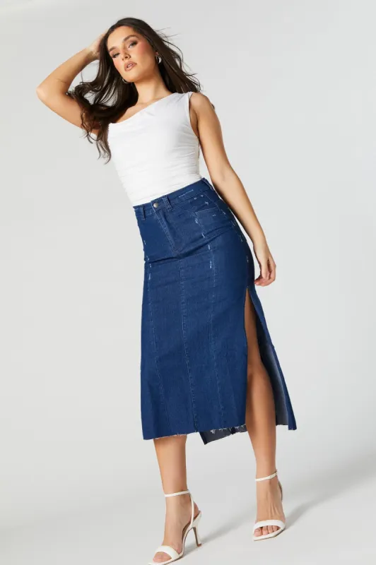 Jupe midi en denim d'aspect usé sold by Urban Planet