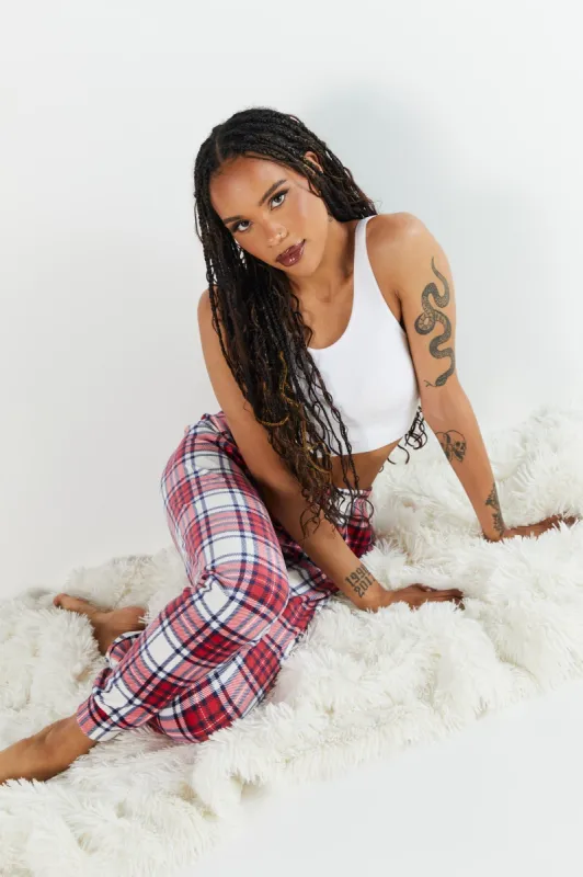 Red Plaid Print Velour Pajama Jogger sold by Urban Planet