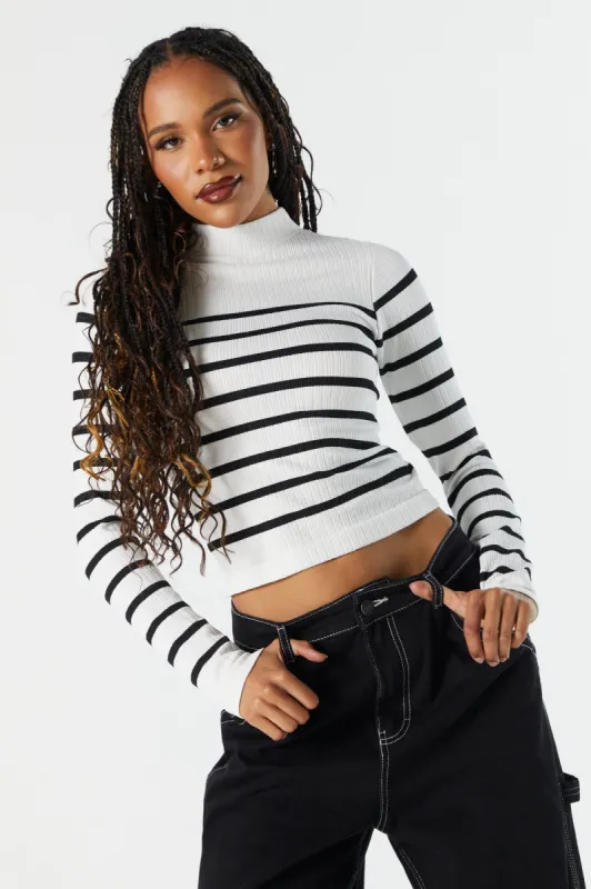 Striped Seamless Ribbed Mock Neck Long Sleeve Top sold by Urban Planet