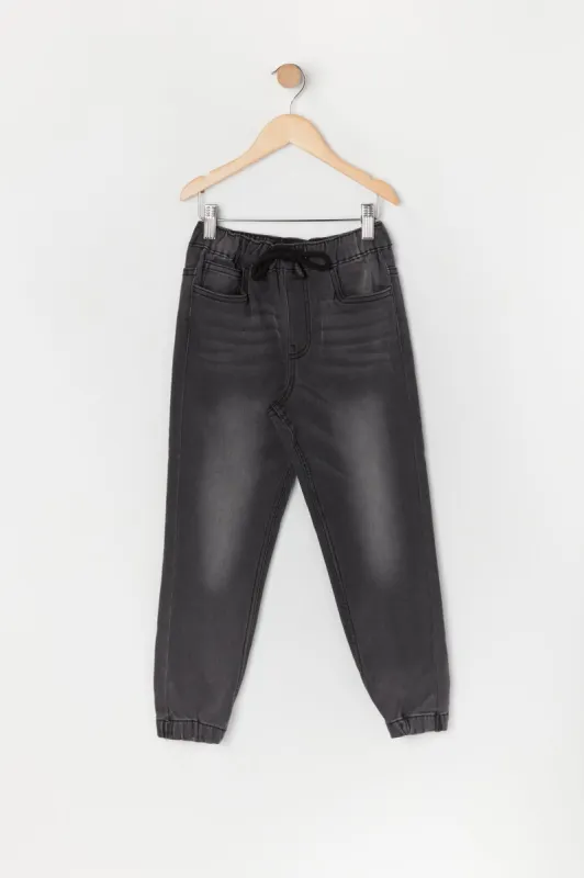 Boys Black Wash Denim Jogger sold by Urban Planet