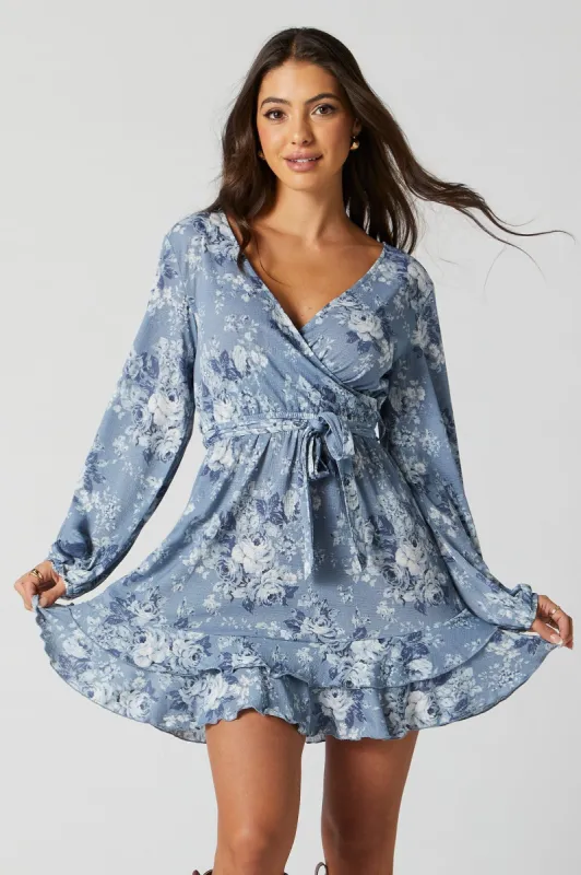 Blue Floral Surplice Front Tie Mini Dress sold by Urban Planet