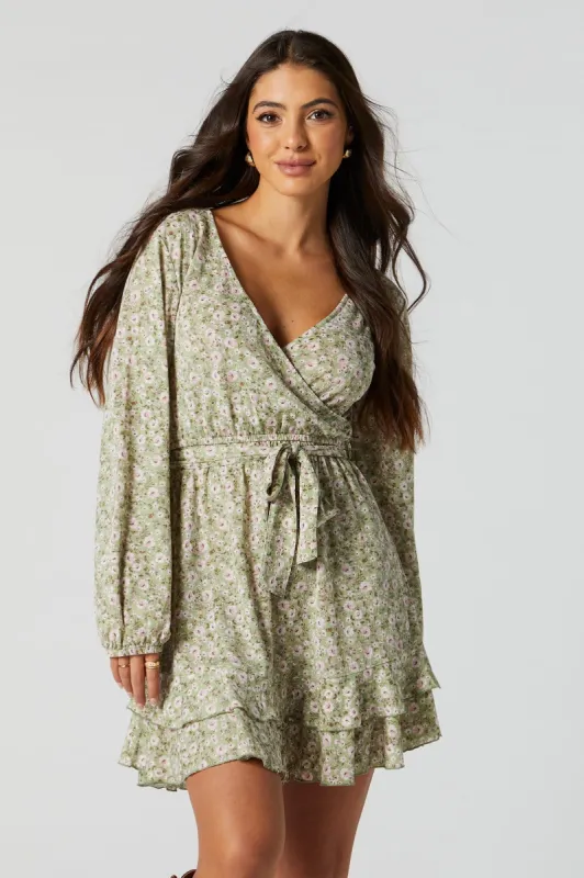 Green Floral Surplice Front Tie Mini Dress sold by Urban Planet