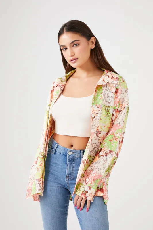 Satin Floral Patchwork Button-Up Top sold by Urban Planet