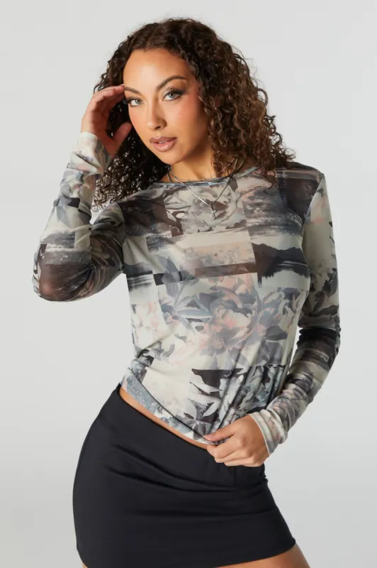Floral Mesh Long Sleeve Top sold by Urban Planet
