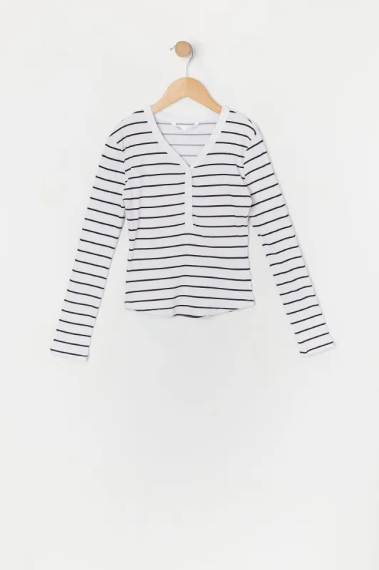 Girls Striped Ribbed Henley Long Sleeve Top sold by Urban Planet
