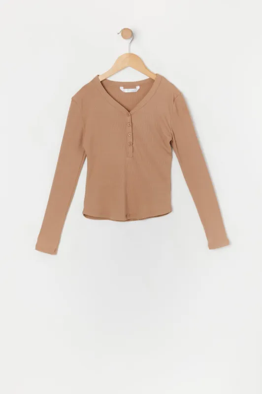 Girls Ribbed Henley Long Sleeve Top sold by Urban Planet