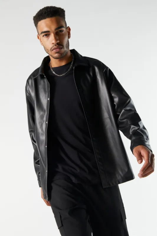 Faux Leather Button-Up Long Sleeve Top sold by Urban Planet