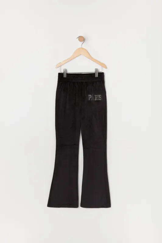 Girls Rhinestone Paris Velour Flare Pant sold by Urban Planet