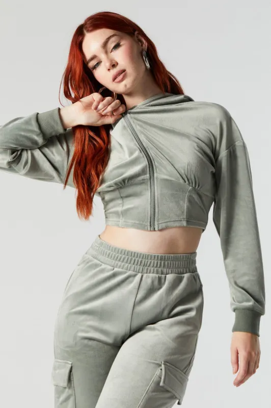Velour Zip-Up Cropped Hoodie sold by Urban Planet