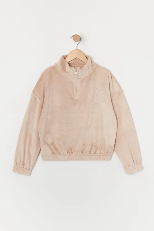 Girls Rhinestone Teddy Velour Half Zip Sweatshirt sold by Urban Planet