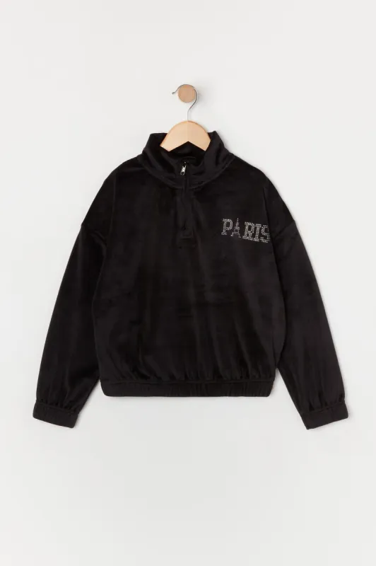 Girls Rhinestone Paris Velour Half Zip Sweatshirt sold by Urban Planet