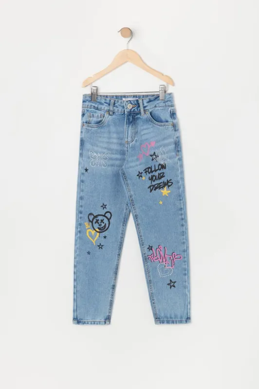 Girls Rhinestone Graffiti Print High Rise Mom Jean sold by Urban Planet