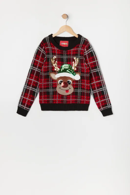 Girls Sequin Reindeer Plaid Xmas Sweater sold by Urban Planet