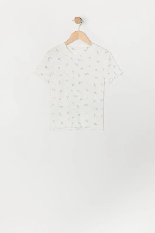 Girls Floral Print Lettuce Trim T-Shirt sold by Urban Planet