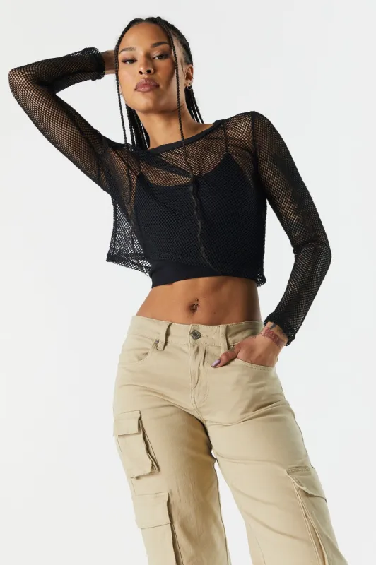 Fishnet Long Sleeve Crop Top sold by Urban Planet