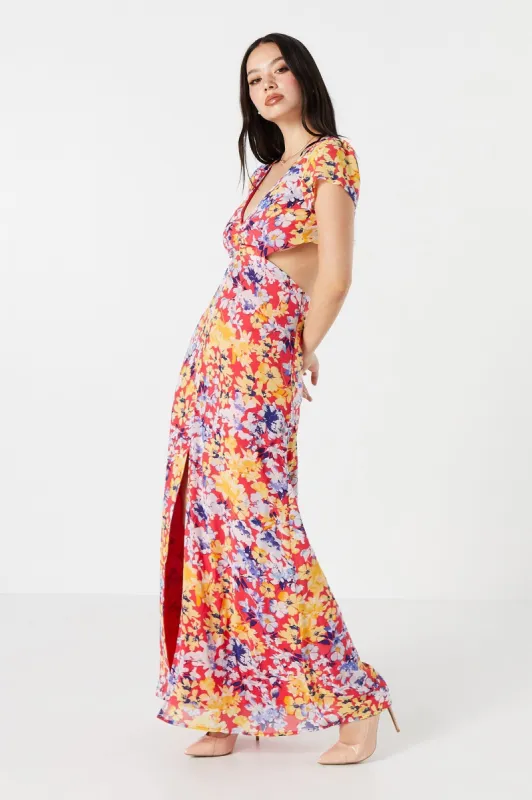 Red Floral V-Neck Cut-Out Maxi Dress sold by Urban Planet