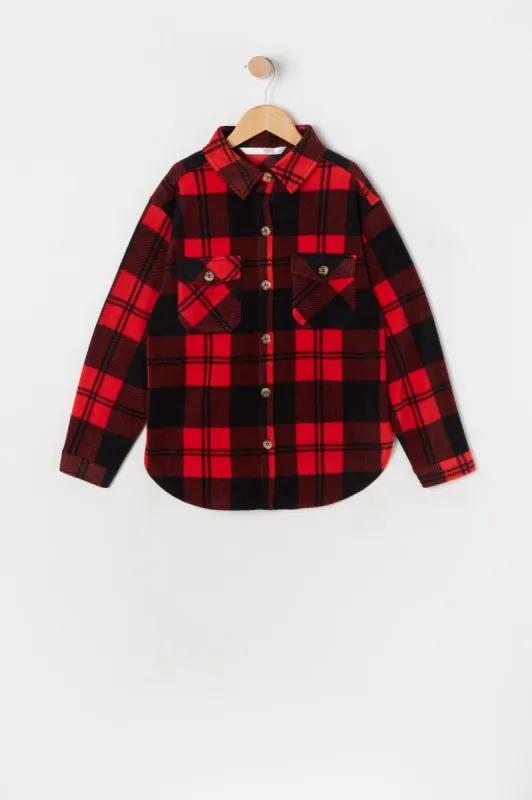 Girls Red Plaid Polar Fleece Shacket sold by Urban Planet