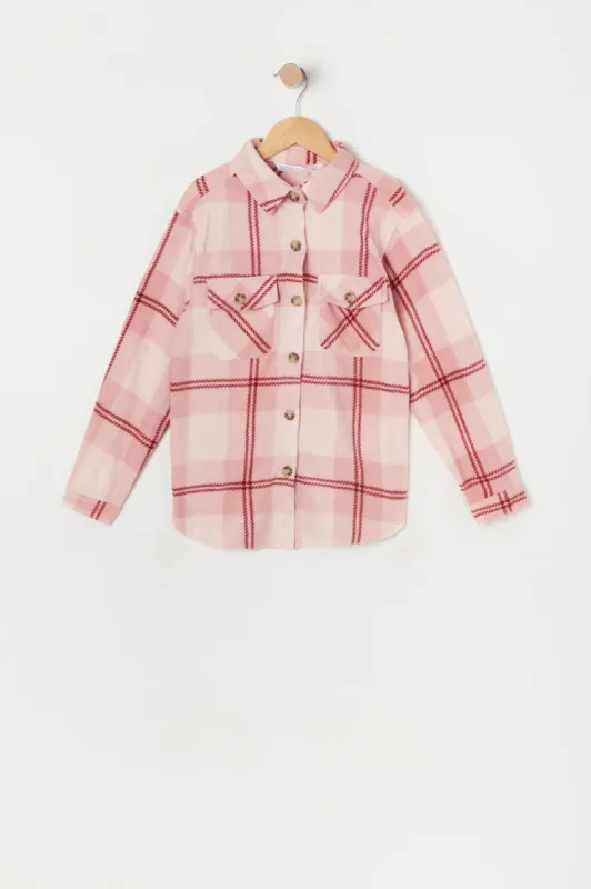 Girls Red Plaid Polar Fleece Shacket sold by Urban Planet