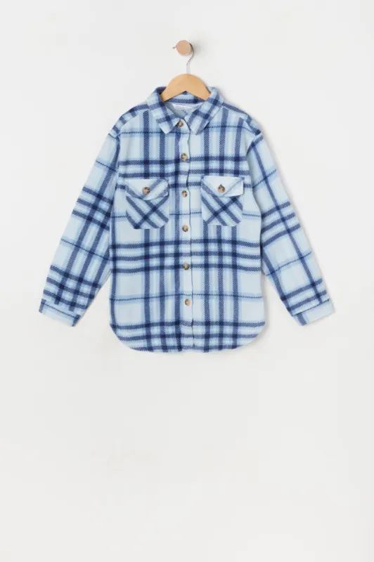 Girls Blue Plaid Polar Fleece Shacket sold by Urban Planet