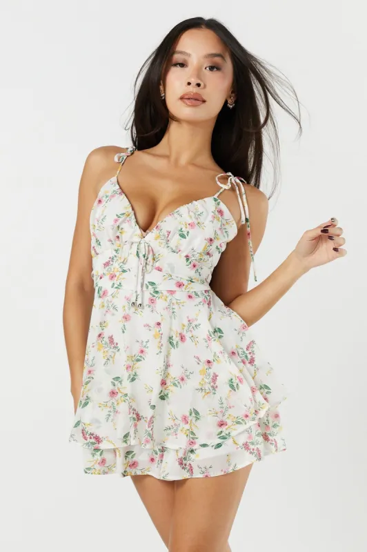 Floral V-Neck Tiered Mini Romper sold by Urban Planet
