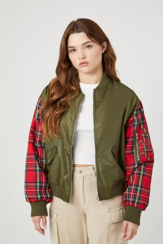 Plaid Sleeve Bomber Jacket sold by Urban Planet
