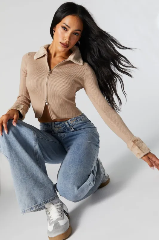 Faux Fur Collared Zip-Up Sweater sold by Urban Planet