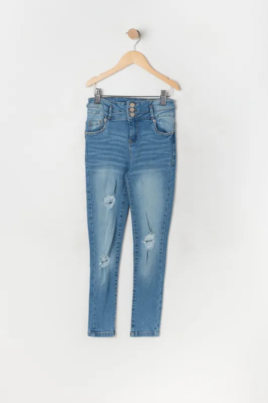 Girls Ibiza Distressed Medium Wash Skinny Jean sold by Urban Planet