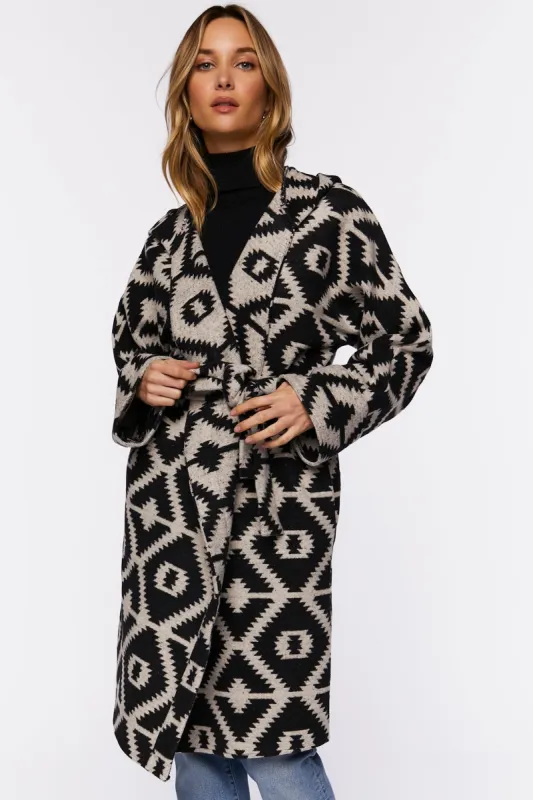 Geo Print Belted Duster Jacket sold by Urban Planet